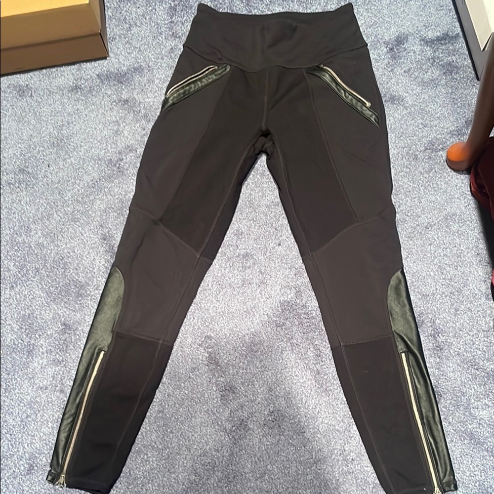 Athleta Black Leggings with Faux Leather Accents